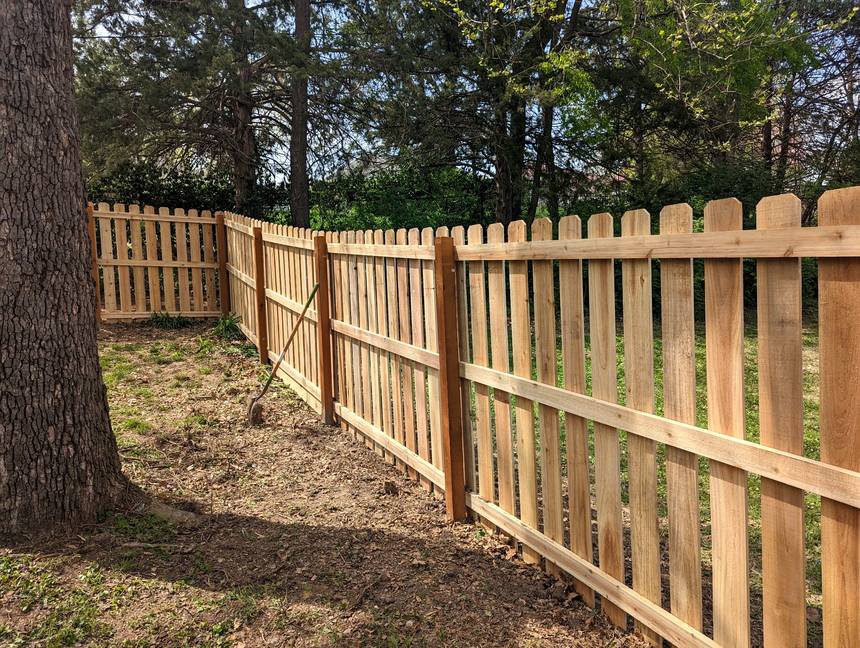 A spaced picket fence with rounded tops running along a tree line, the top line held true across a gentle slope.